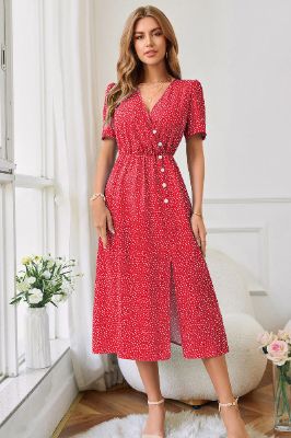 Red Printed Short Sleeve V-Neck Summer Dress With Slit sold by Zapaka