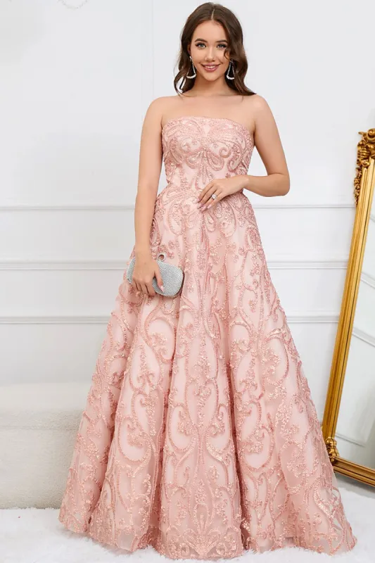 A-Line Strapless Blush Long Prom Dress with Appliques sold by Zapaka