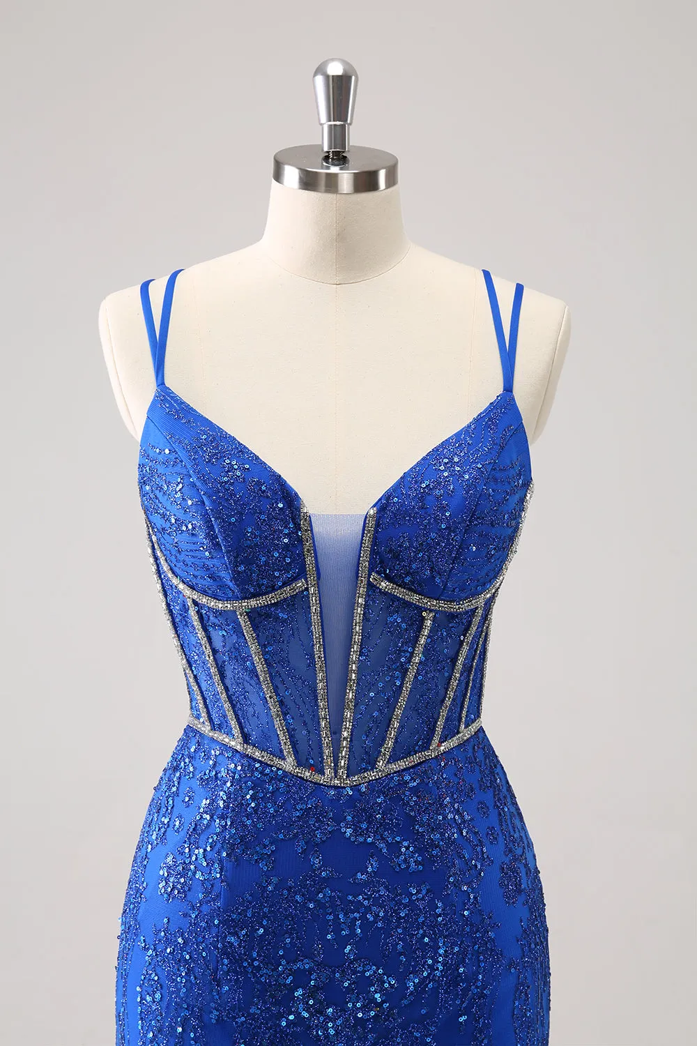 Sparkly Royal Blue Spaghetti Straps Corset Tight Homecoming Dress with Sequins sold by Zapaka product image thumbnail 4