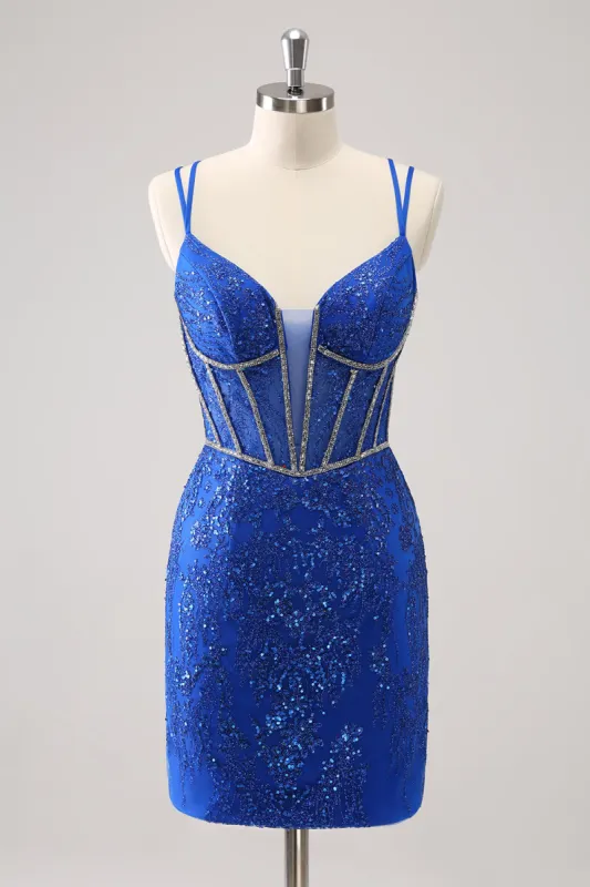 Sparkly Royal Blue Spaghetti Straps Corset Tight Homecoming Dress with Sequins sold by Zapaka
