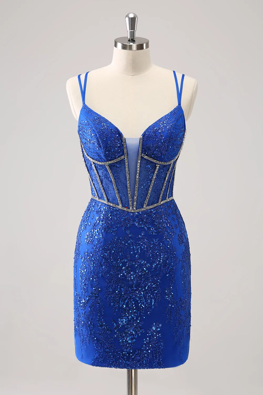 Sparkly Royal Blue Spaghetti Straps Corset Tight Homecoming Dress with Sequins sold by Zapaka