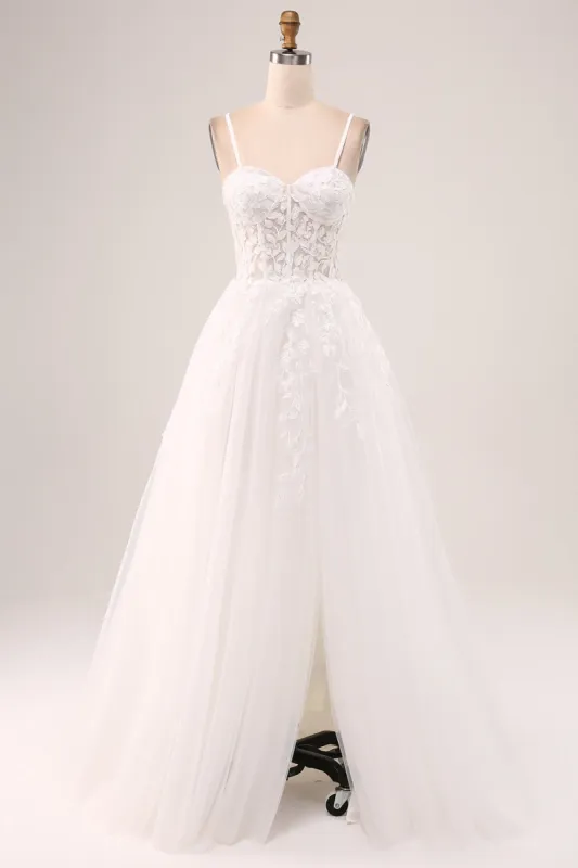 Ivory A-Line Spaghetti Straps Corset Lace Tulle Long Wedding Dress sold by Zapaka