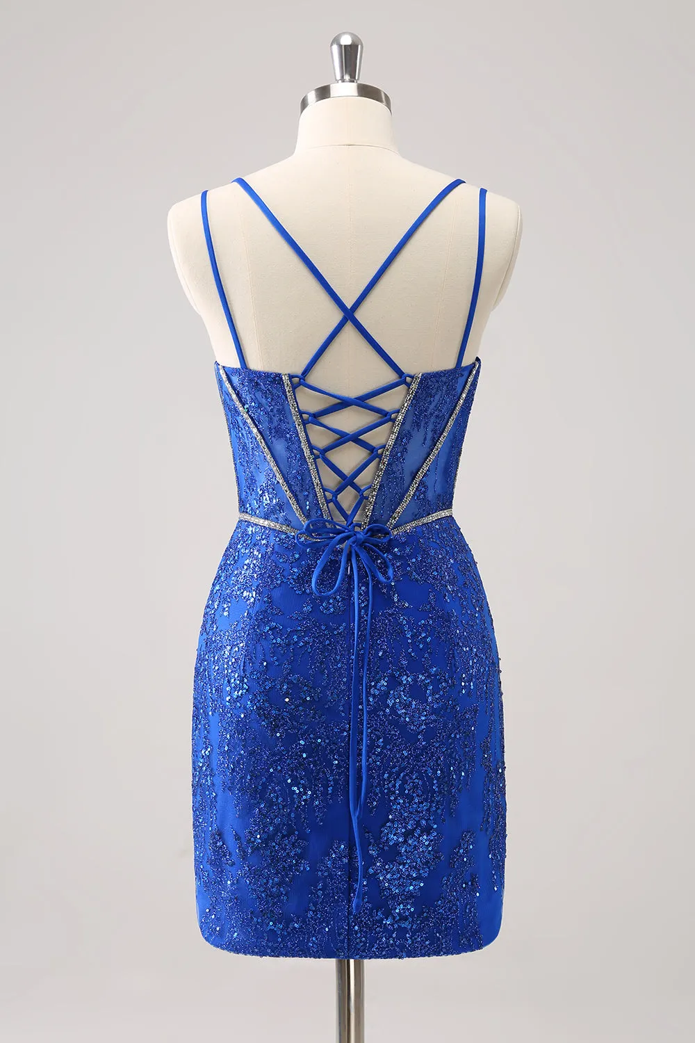 Sparkly Royal Blue Spaghetti Straps Corset Tight Homecoming Dress with Sequins sold by Zapaka product image thumbnail 2