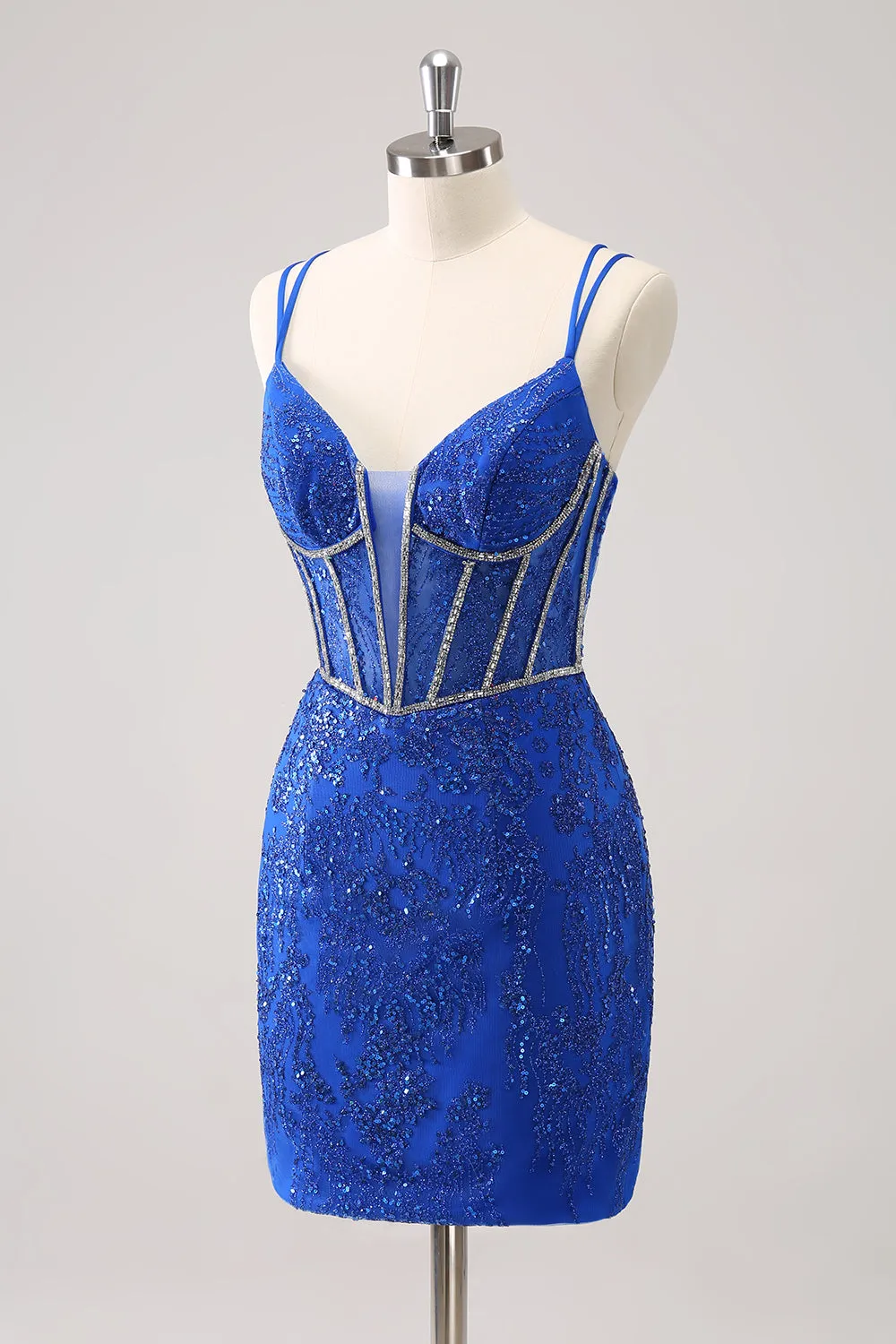 Sparkly Royal Blue Spaghetti Straps Corset Tight Homecoming Dress with Sequins sold by Zapaka product image thumbnail 3