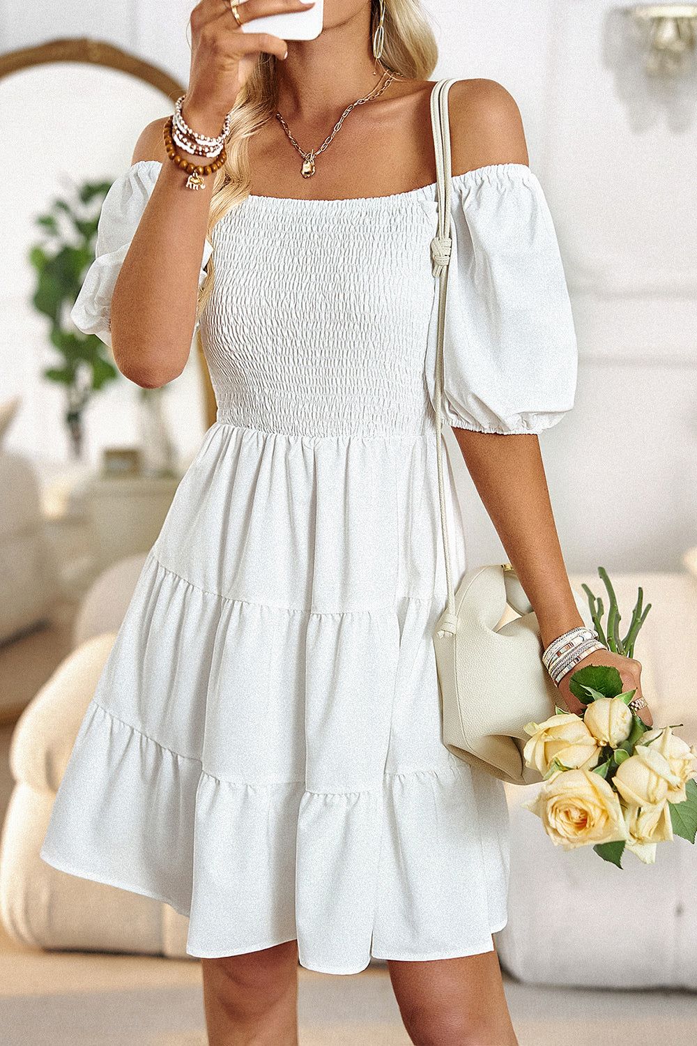 White A Line Off the Shoulder Short Summer Dress sold by Zapaka product image thumbnail 3