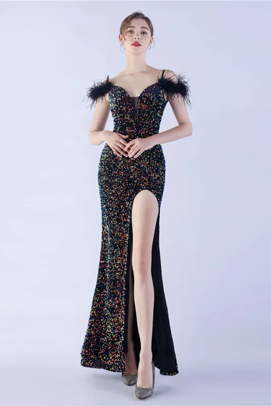 Mermaid Spaghetti Straps Sequin Formal Evening Dress With Feathers sold by Zapaka