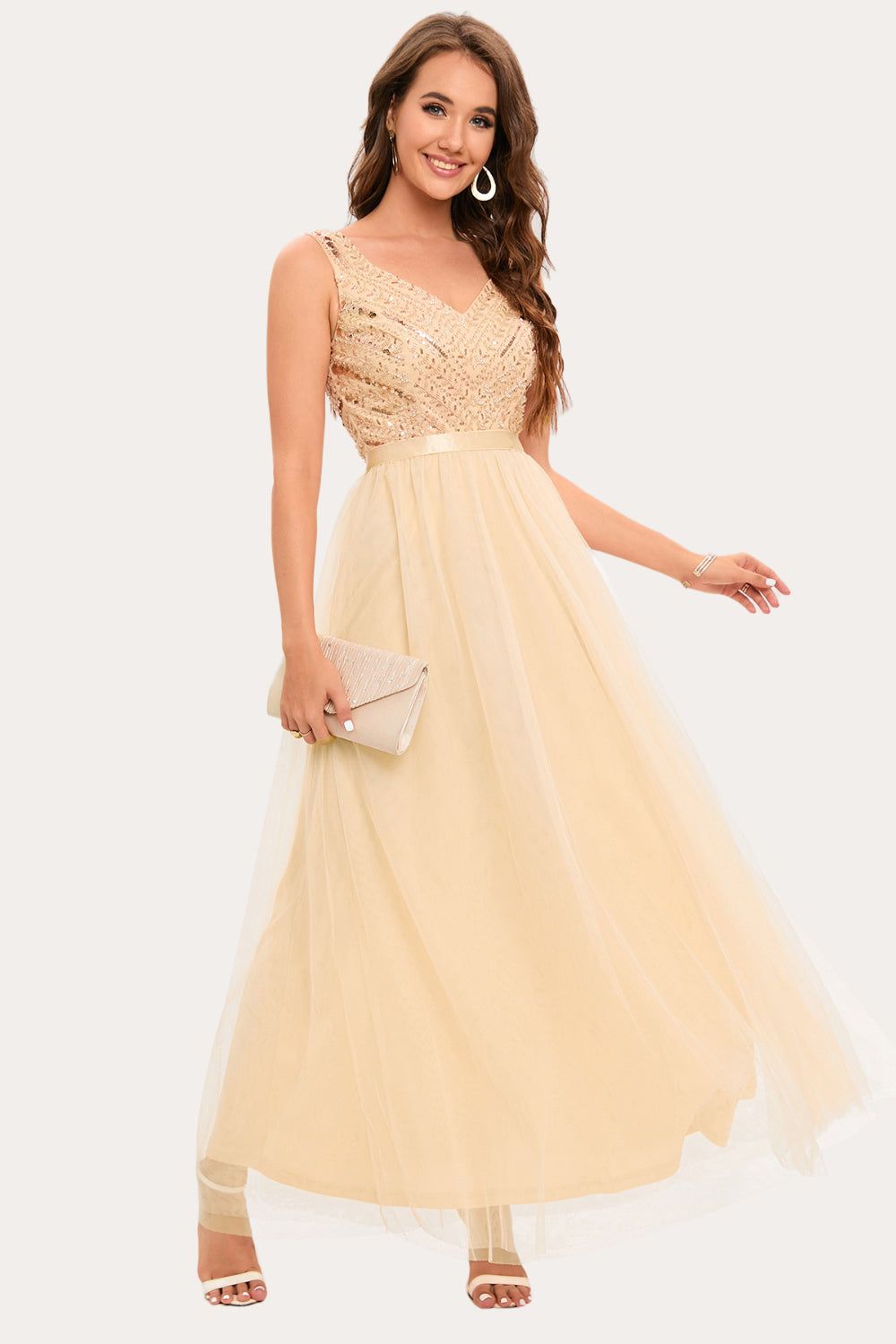 Sparkly Champagne Beaded Long Tulle Prom Dress sold by Zapaka product image thumbnail 4