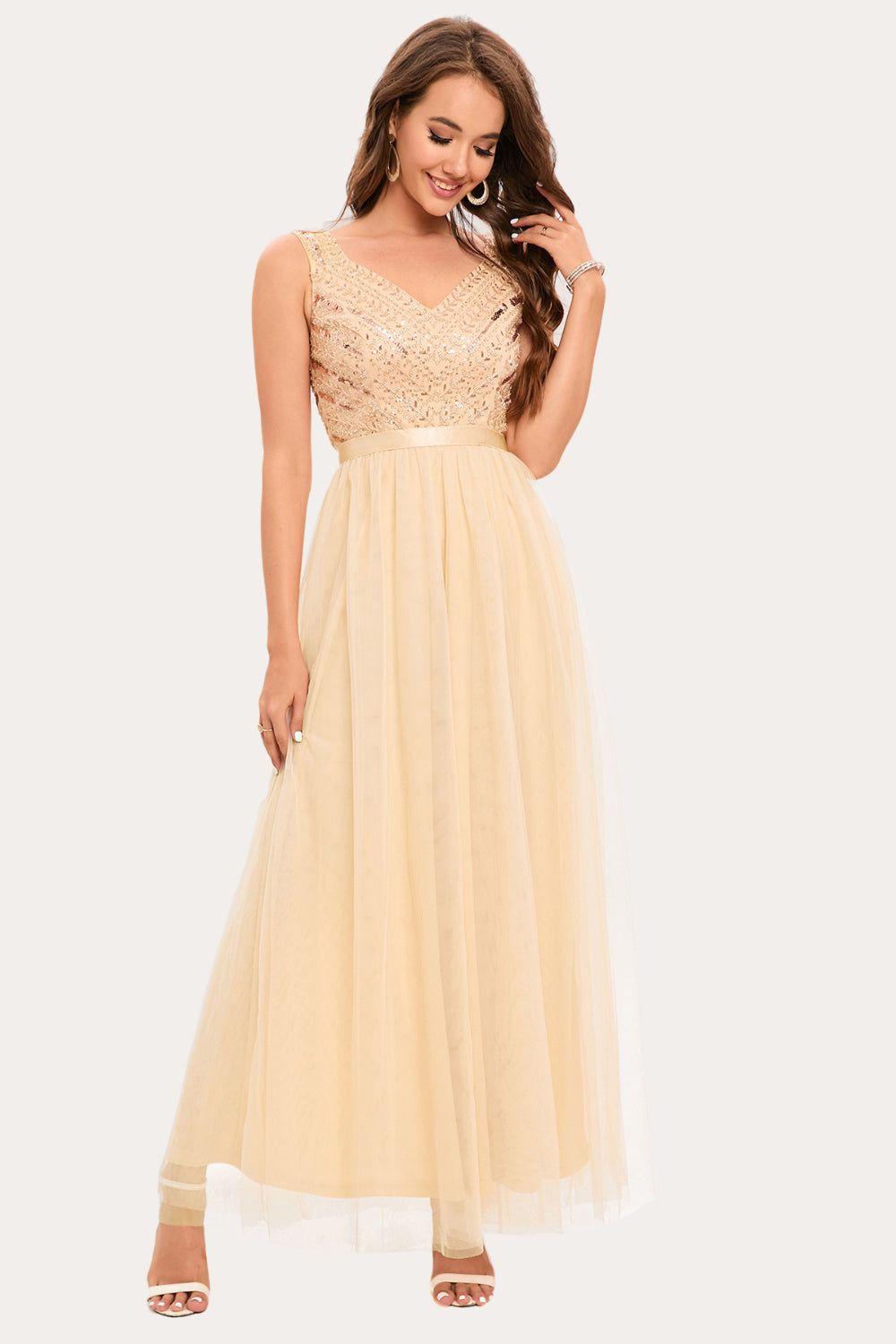 Sparkly Champagne Beaded Long Tulle Prom Dress sold by Zapaka