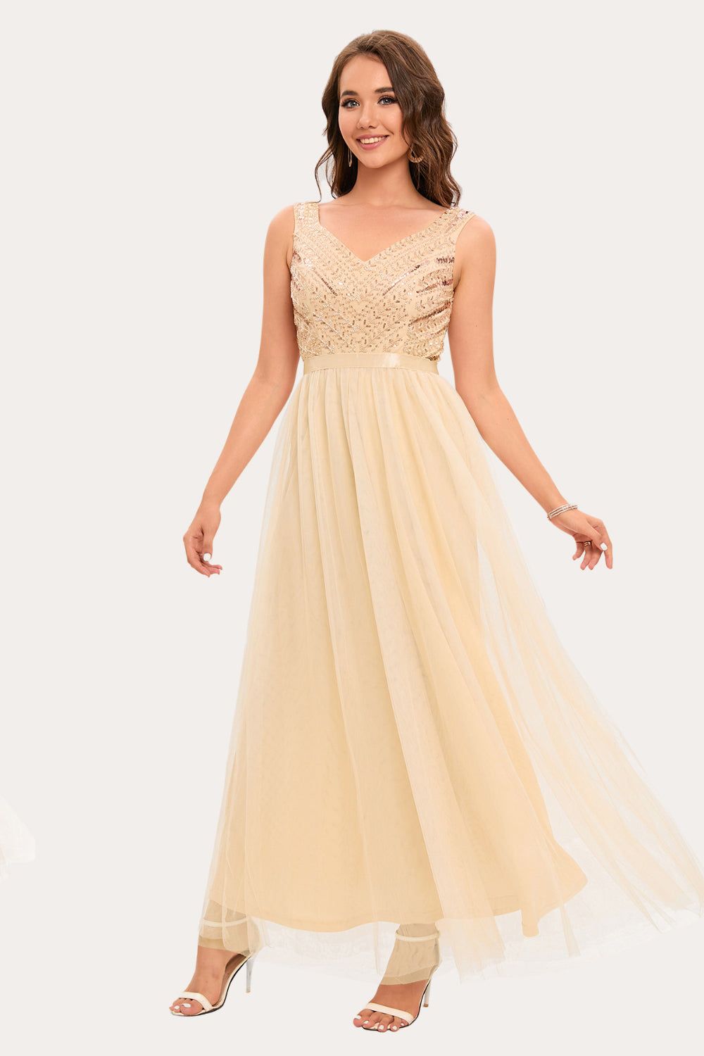 Sparkly Champagne Beaded Long Tulle Prom Dress sold by Zapaka product image thumbnail 5