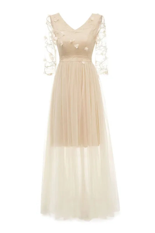 Apricot Tulle Long Sleeve Vintage Dress With Appliques made by Zapaka