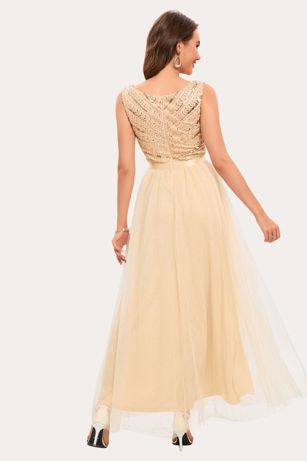 Sparkly Champagne Beaded Long Tulle Prom Dress sold by Zapaka product image thumbnail 2