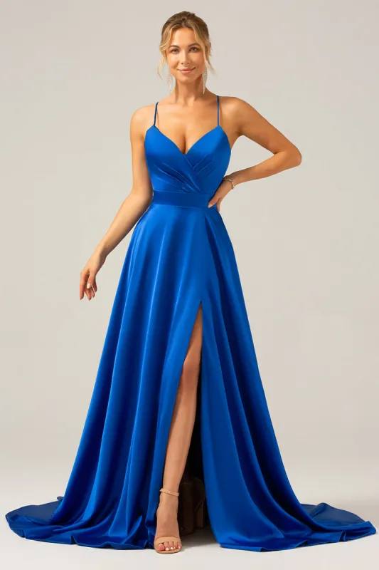Royal Blue A Line Spaghetti Straps Satin Long Prom Bridesmaid Dress with Slit sold by Zapaka
