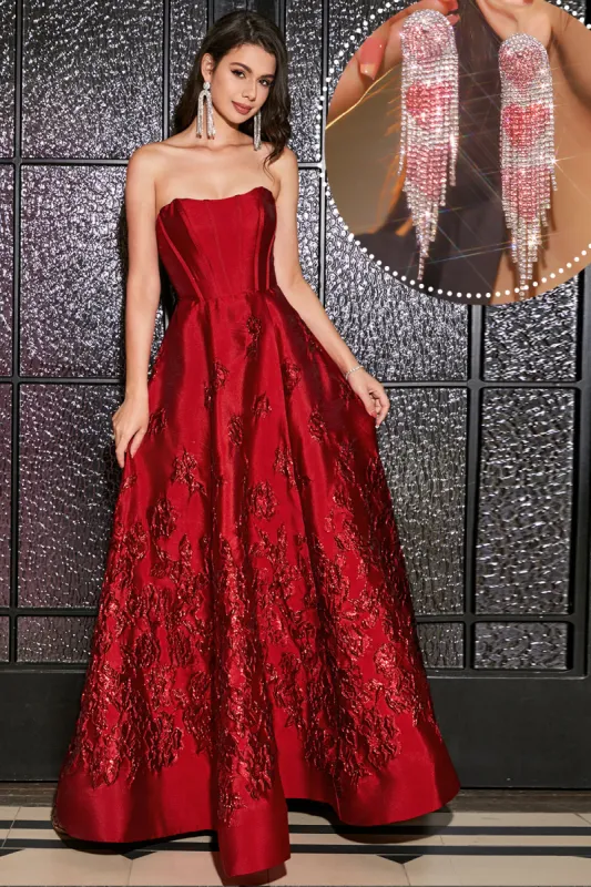 Princess A-Line Strapless Dark Red Corset Long Prom Dress with Accessory sold by Zapaka