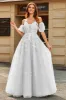 White A-Line Puff Sleeves Long Bridal Dress with Appliques sold by Zapaka