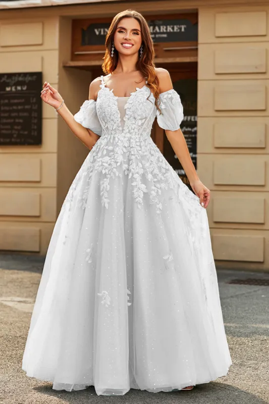 White A-Line Puff Sleeves Long Bridal Dress with Appliques sold by Zapaka
