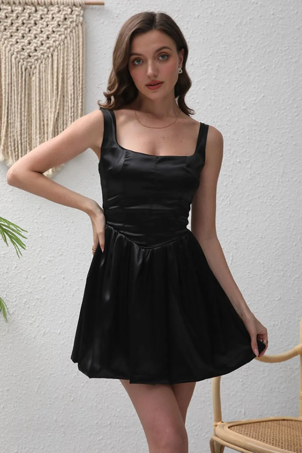 Black A-Line Satin Mini Party Dress sold by Zapaka