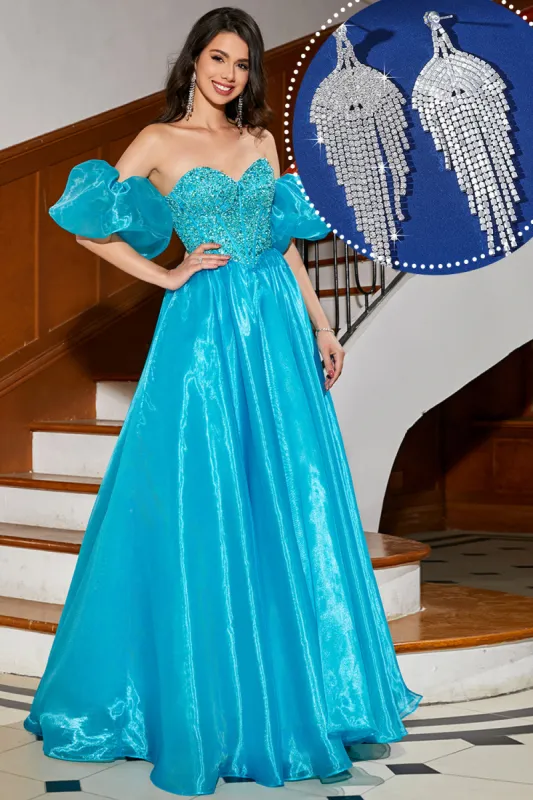 Blue A-Line Off The Shoulder Corset Beaded Prom Dress with Accessory sold by Zapaka