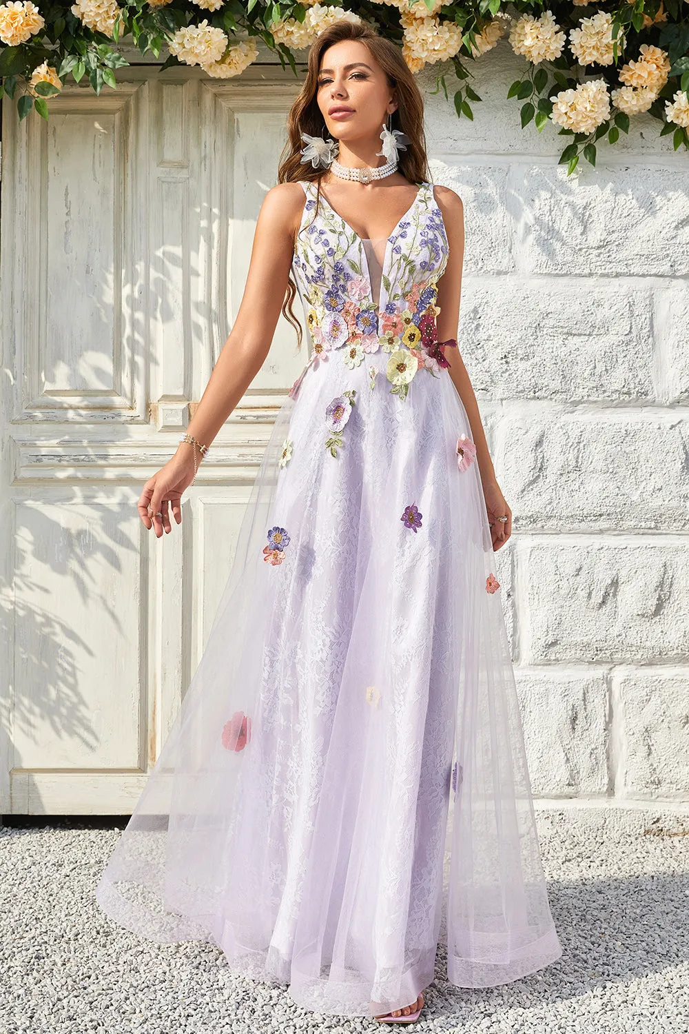 A Line Deep V Neck Lavender Long Prom Dress with Open Back sold by Zapaka product image thumbnail 5