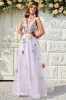 A Line Deep V Neck Lavender Long Prom Dress with Open Back sold by Zapaka
