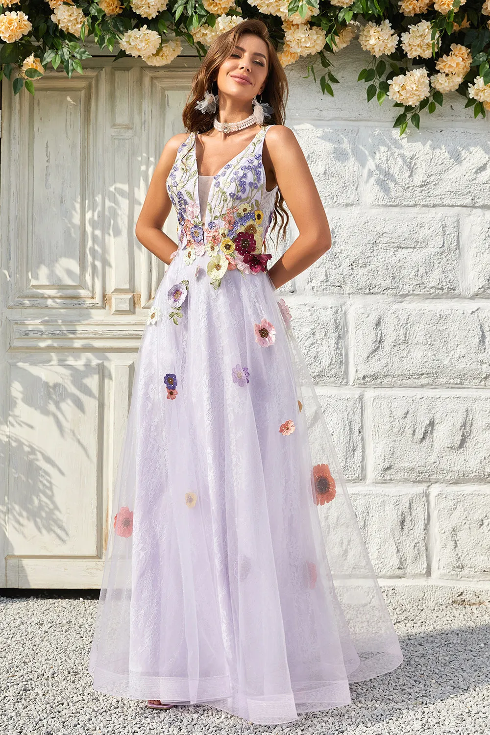 A Line Deep V Neck Lavender Long Prom Dress with Open Back sold by Zapaka product image thumbnail 4