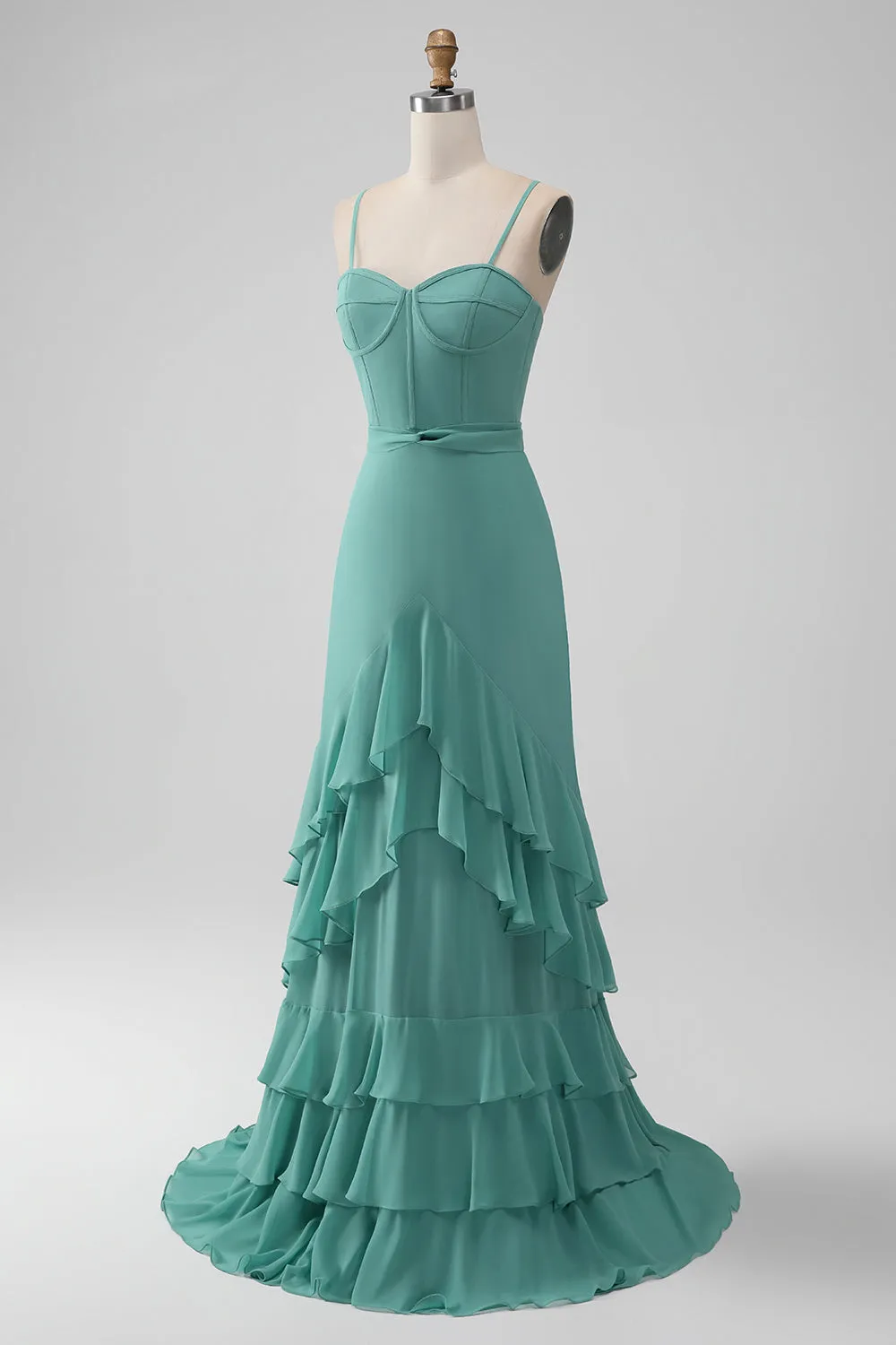 Grey Green Spaghetti Straps A Line Bridesmaid Dress with Ruffles sold by Zapaka product image thumbnail 3