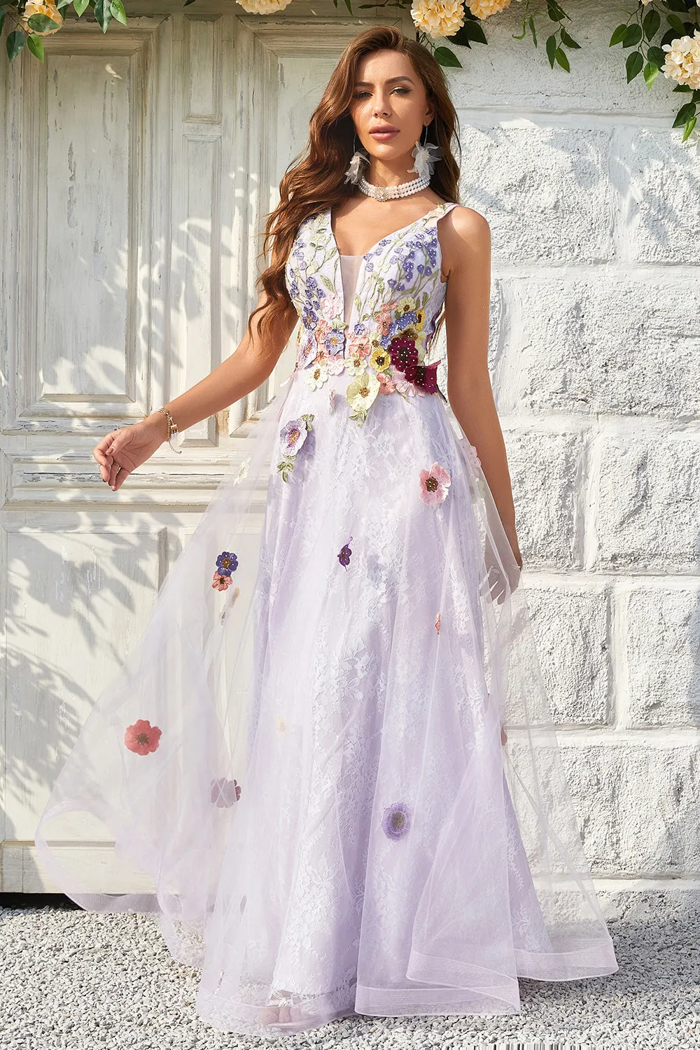 A Line Deep V Neck Lavender Long Prom Dress with Open Back sold by Zapaka