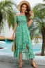 Off the Shoulder Green Printed Summer Dress with Pleated sold by Zapaka