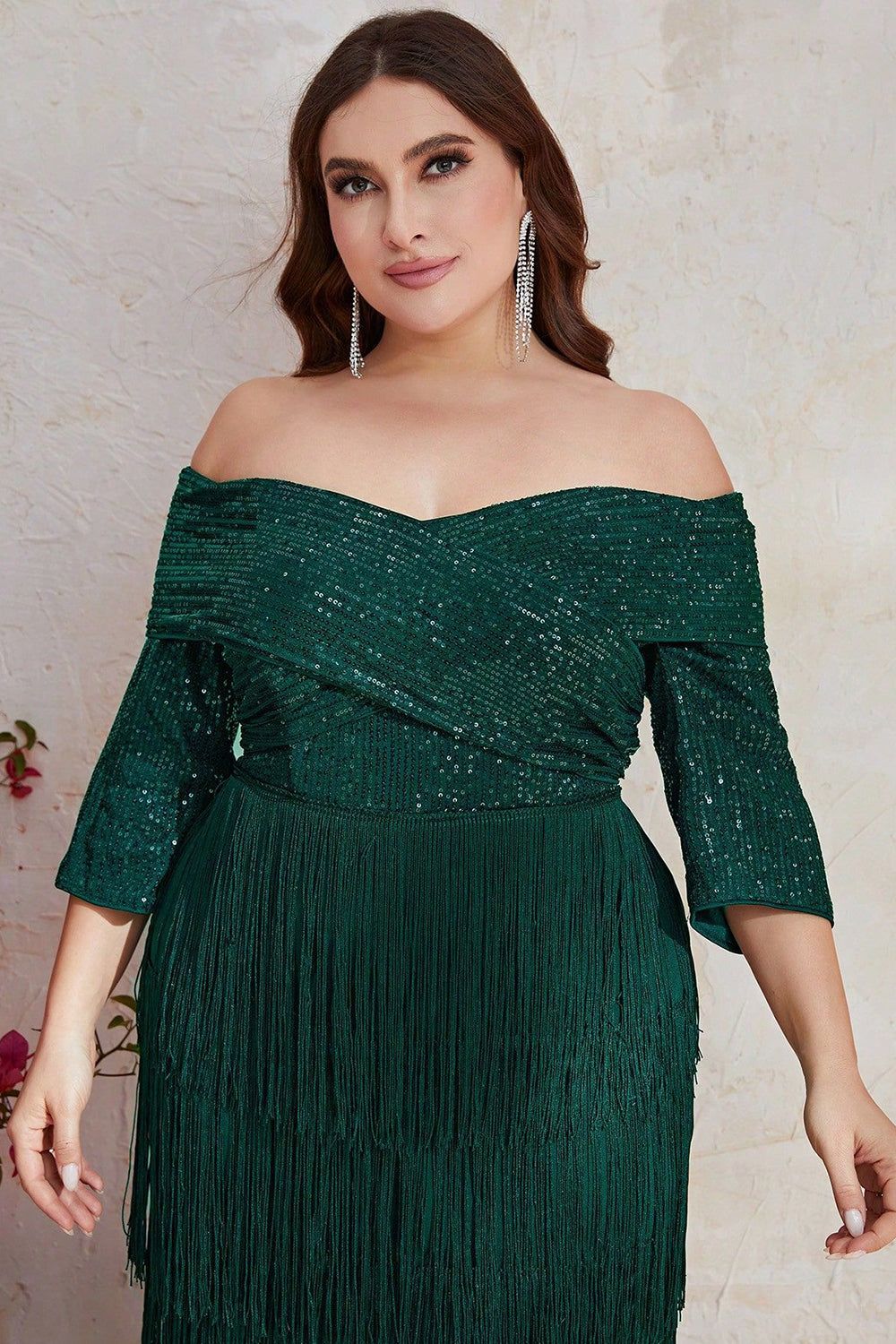 Dark Green Off The Shoulder Plus Size Prom Dress With Fringe sold by Zapaka product image thumbnail 2