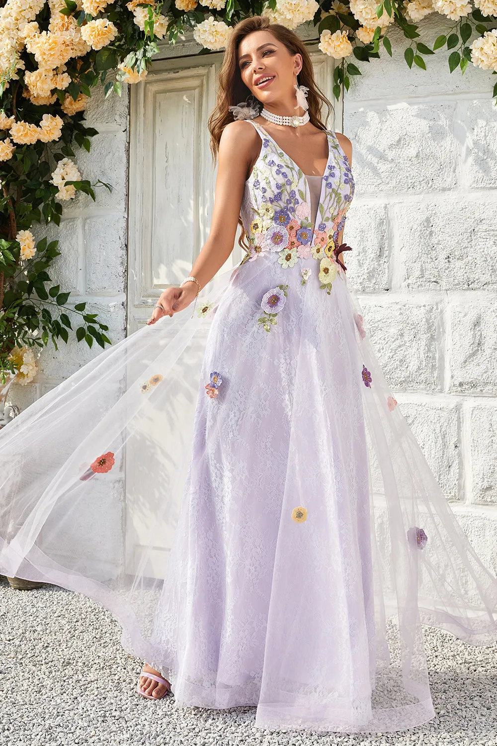 A Line Deep V Neck Lavender Long Prom Dress with Open Back sold by Zapaka product image thumbnail 3