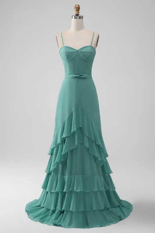 Grey Green Spaghetti Straps A Line Bridesmaid Dress with Ruffles sold by Zapaka