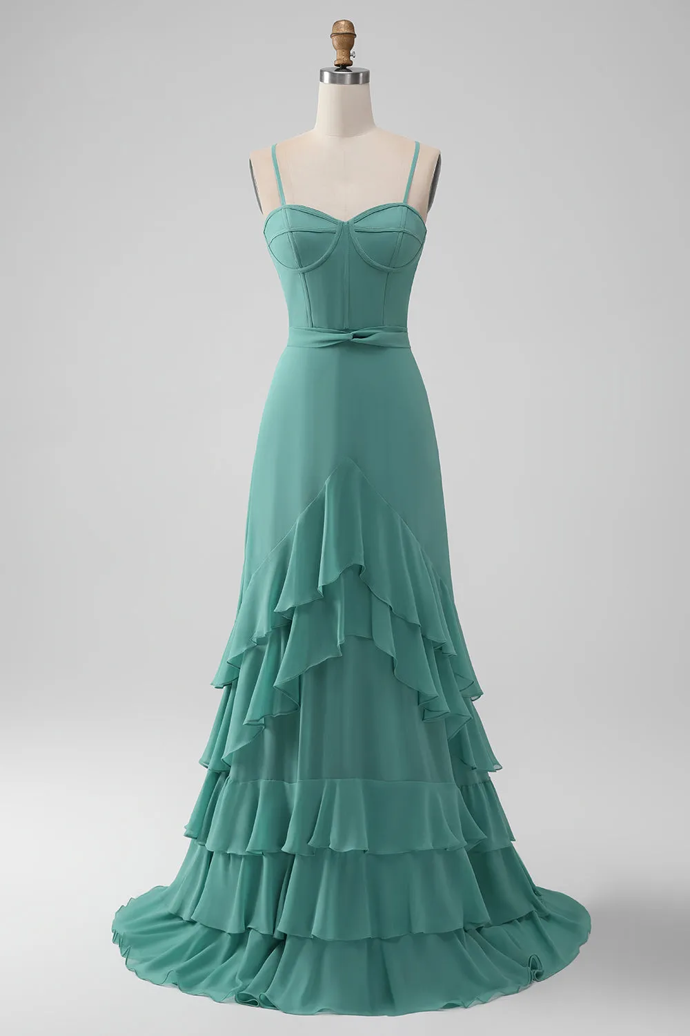 Grey Green Spaghetti Straps A Line Bridesmaid Dress with Ruffles sold by Zapaka