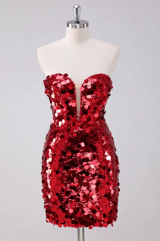 Red Sequins Tight Homecoming Dress With Removable Sleeves sold by Zapaka