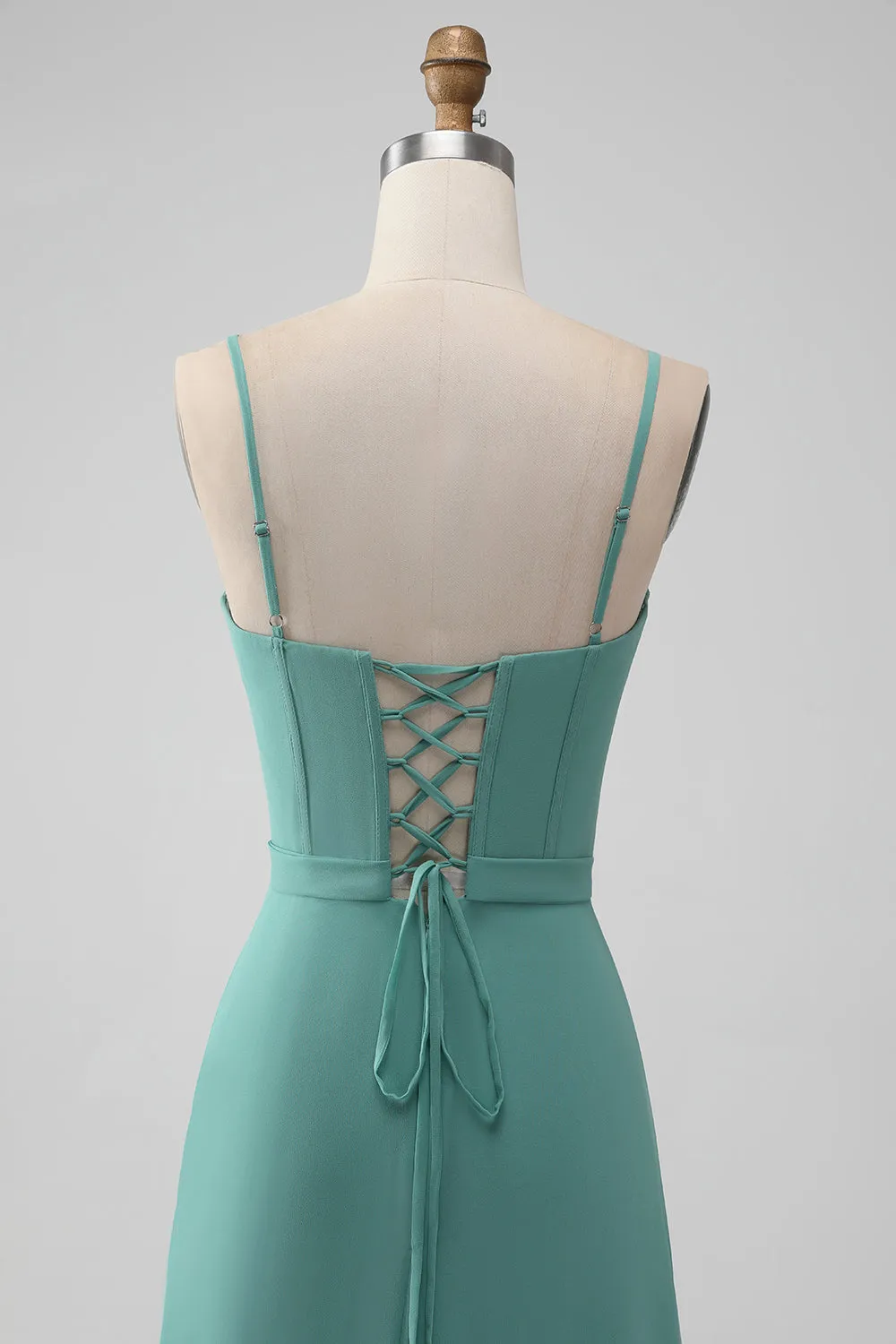 Grey Green Spaghetti Straps A Line Bridesmaid Dress with Ruffles sold by Zapaka product image thumbnail 5