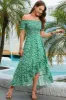 Off the Shoulder Green Printed Summer Dress with Pleated sold by Zapaka