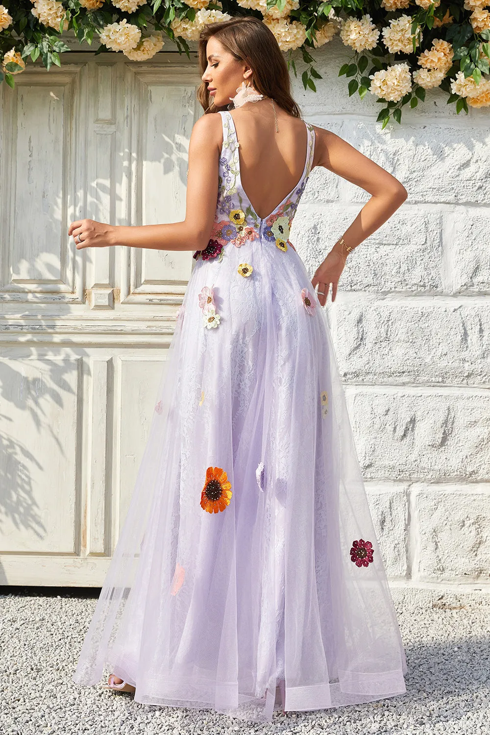 A Line Deep V Neck Lavender Long Prom Dress with Open Back sold by Zapaka product image thumbnail 2