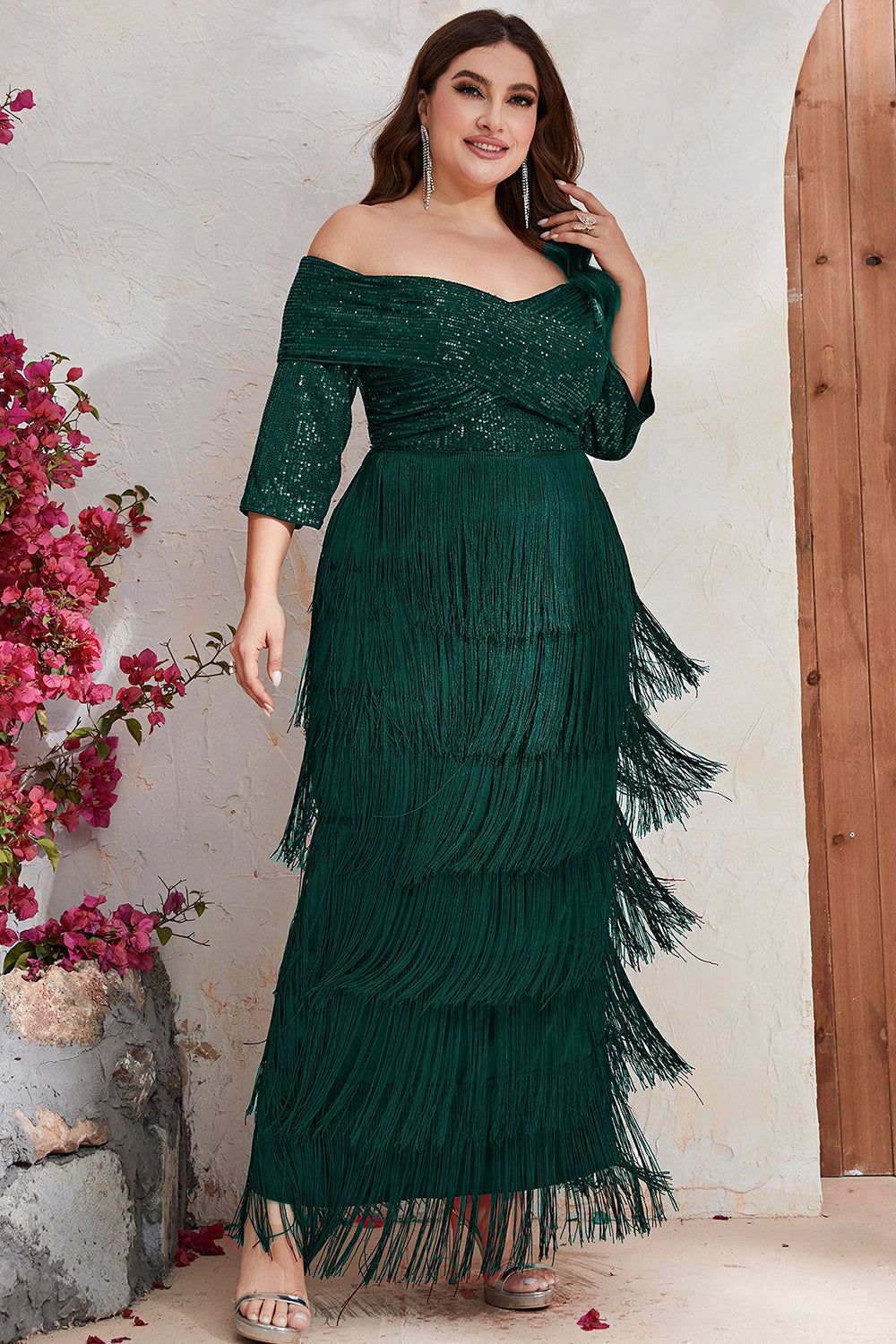 Dark Green Off The Shoulder Plus Size Prom Dress With Fringe sold by Zapaka