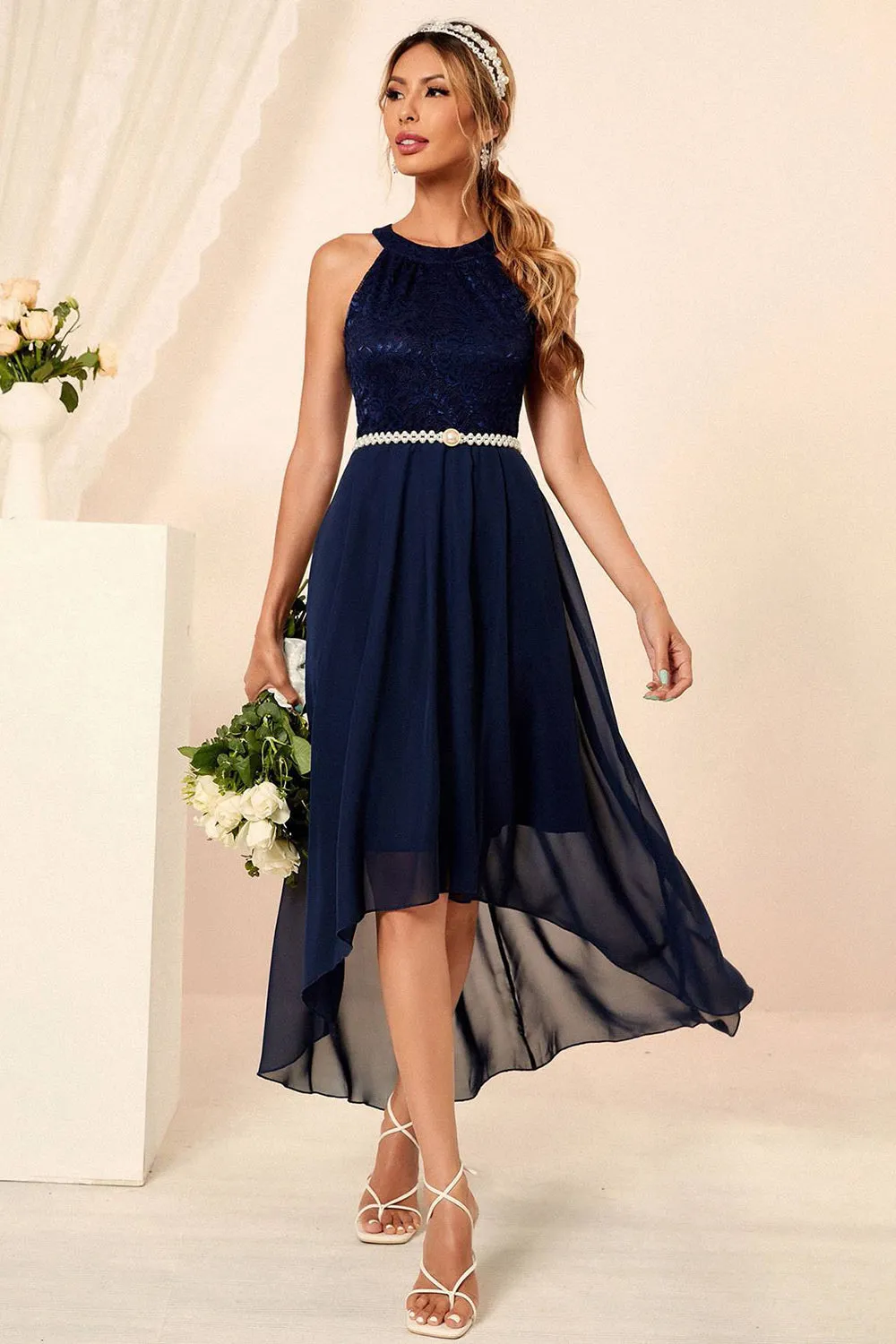 Navy Halter Neck Sleeveless A-line Chiffon Bridesmaid Dress sold by Zapaka product image thumbnail 4