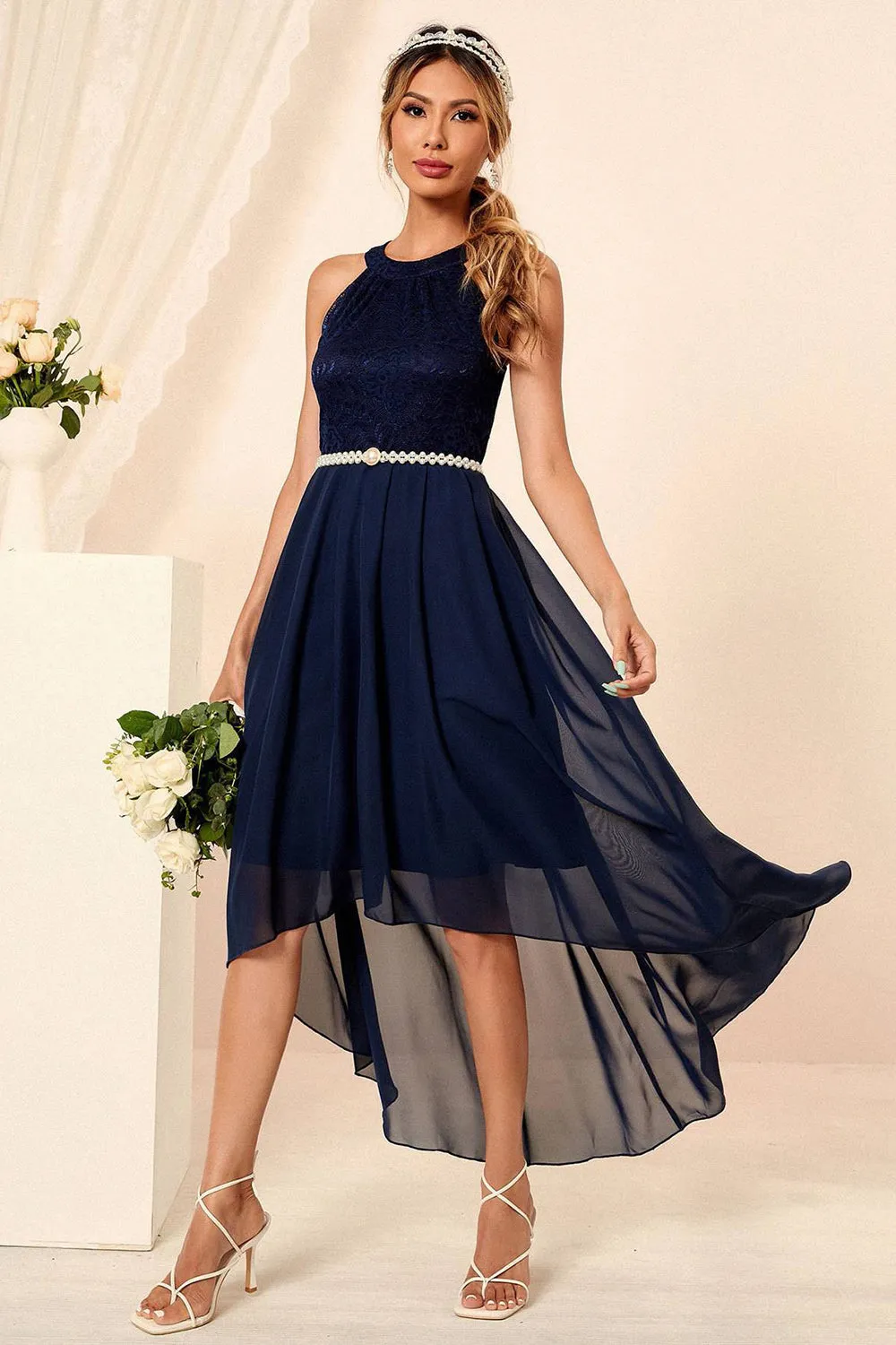 Navy Halter Neck Sleeveless A-line Chiffon Bridesmaid Dress sold by Zapaka
