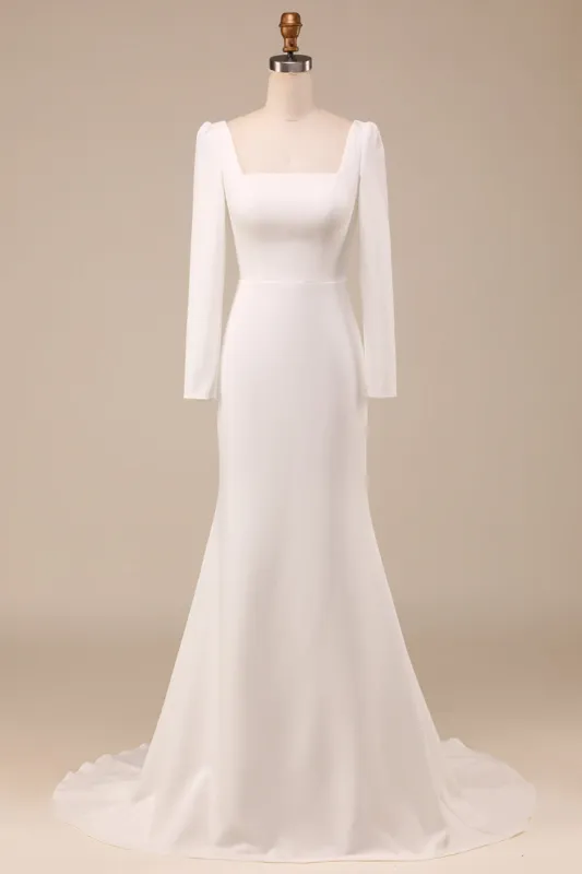 Ivory Mermaid Square Neck Bridal Dress With Long Sleeves sold by Zapaka
