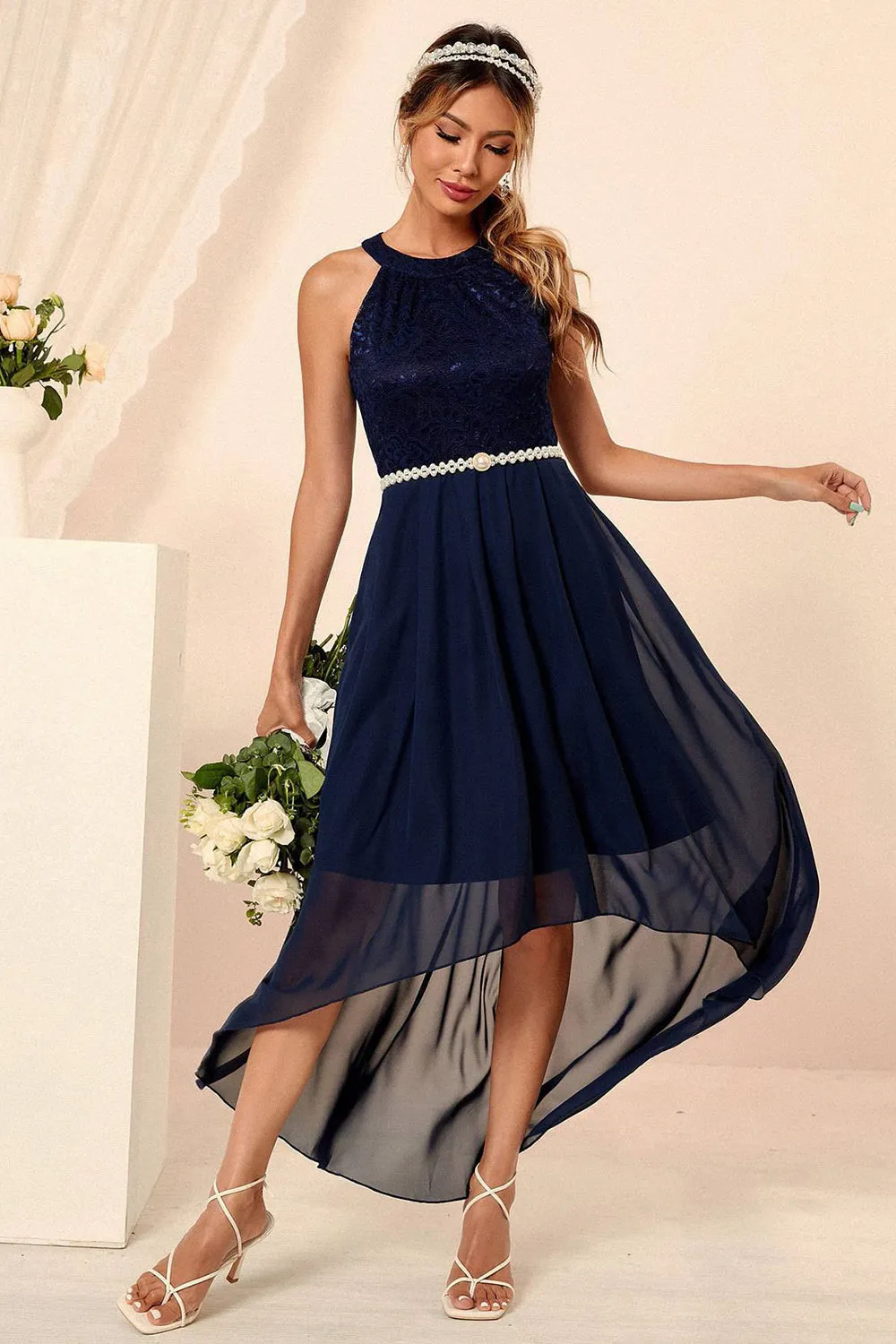 Navy Halter Neck Sleeveless A-line Chiffon Bridesmaid Dress sold by Zapaka product image thumbnail 5