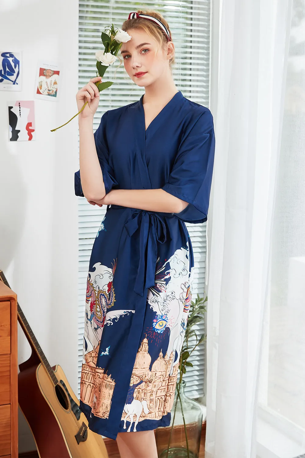 Blue Printed Bridesmaid Satin Robe sold by Zapaka