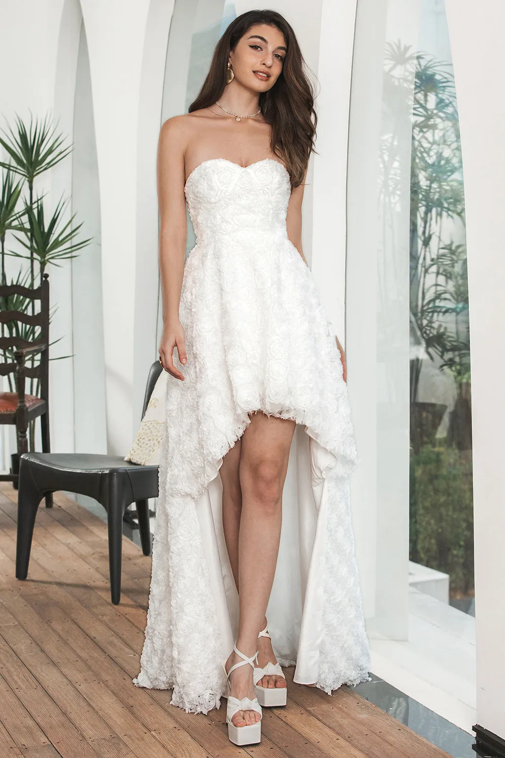 Cute White Sweetheart High Low Flower Midi Graduation Dress sold by Zapaka