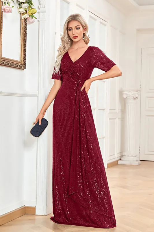 Burgundy Sequin Short Sleeves Long Prom Dress sold by Zapaka