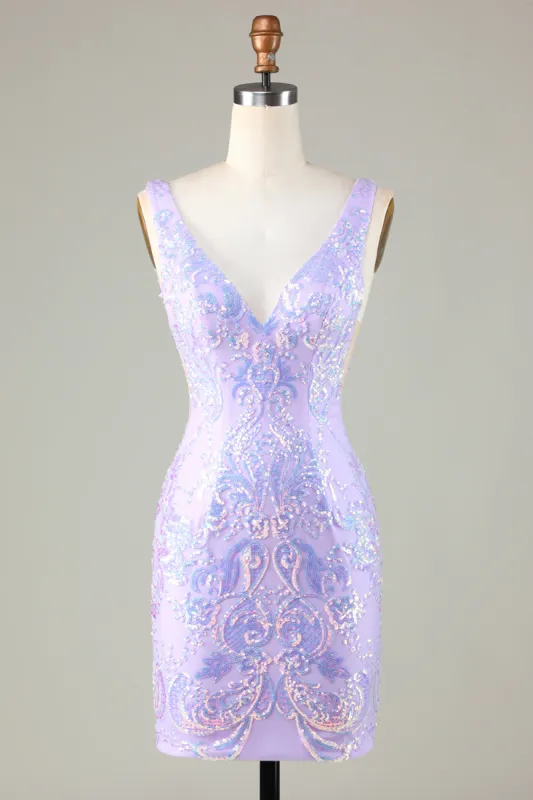 Lavender Sparkly Tight Homecoming Dress with Backless sold by Zapaka