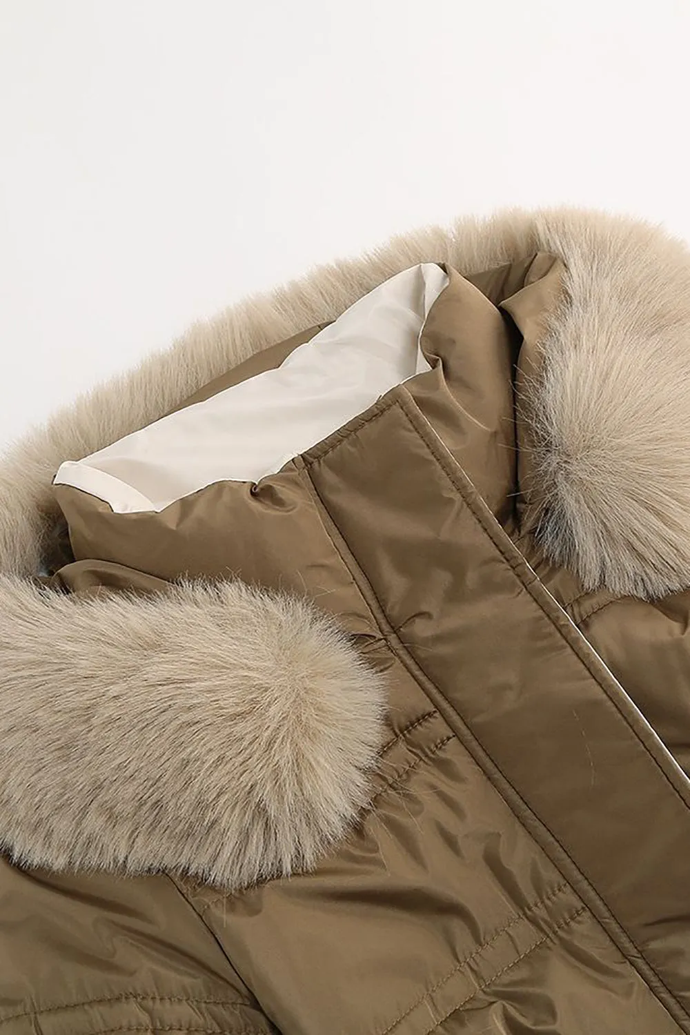 Khaki Fitted Long Puffer Jacket with Faux Fur Hood sold by Zapaka product image thumbnail 5