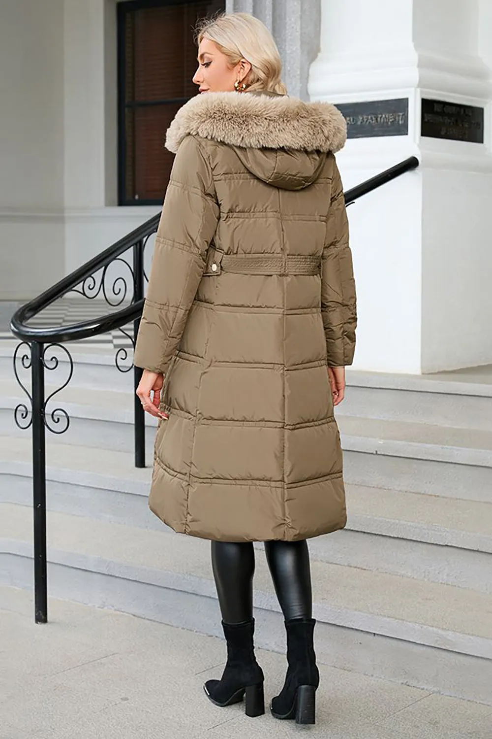 Khaki Fitted Long Puffer Jacket with Faux Fur Hood sold by Zapaka product image thumbnail 2