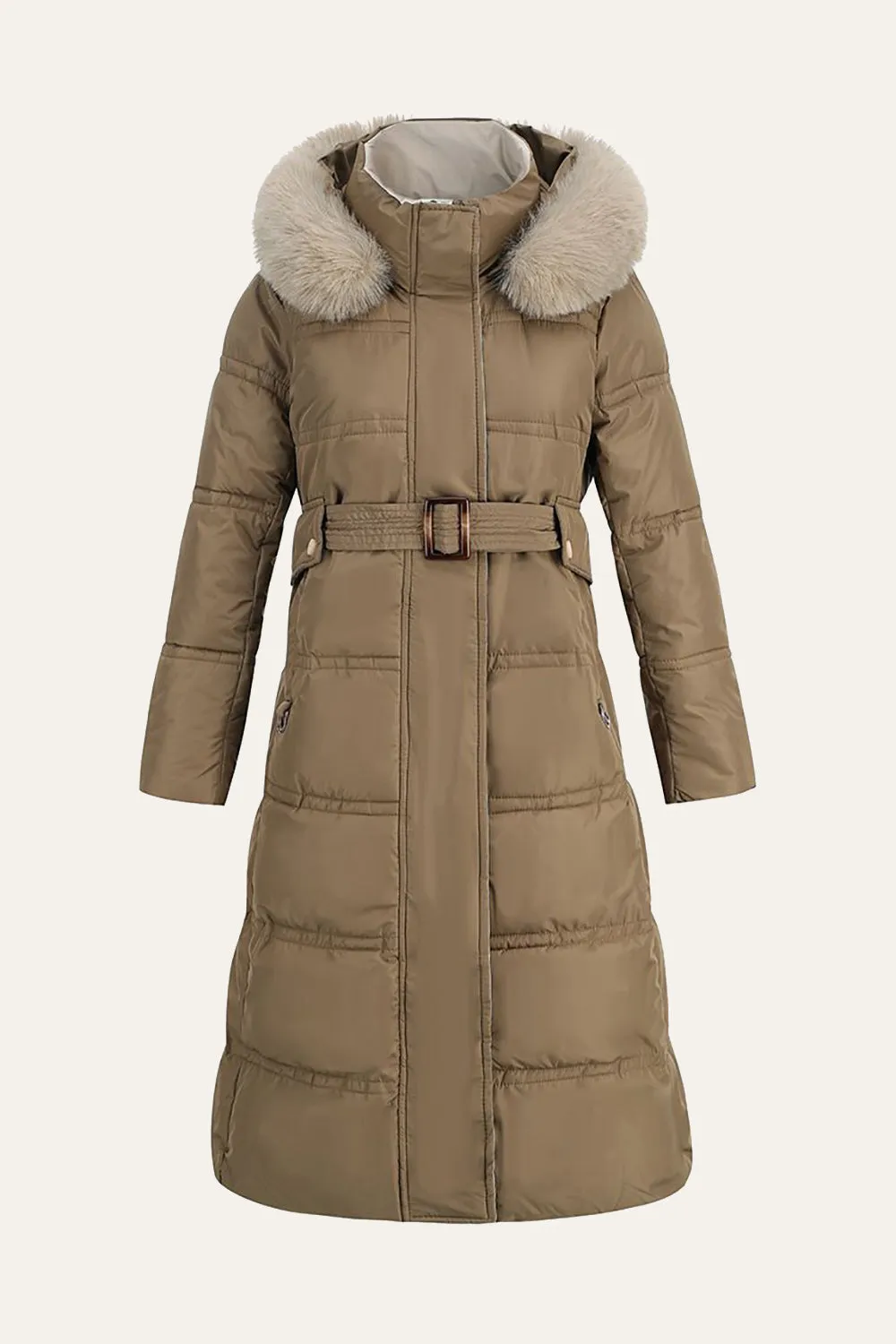 Khaki Fitted Long Puffer Jacket with Faux Fur Hood sold by Zapaka product image thumbnail 3