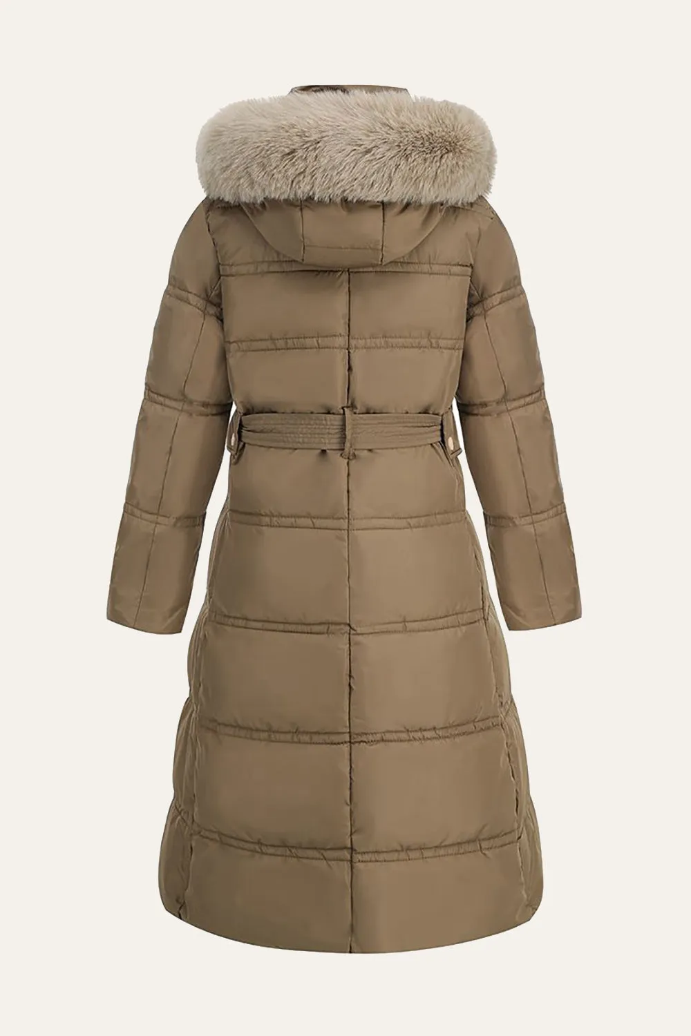 Khaki Fitted Long Puffer Jacket with Faux Fur Hood sold by Zapaka product image thumbnail 4