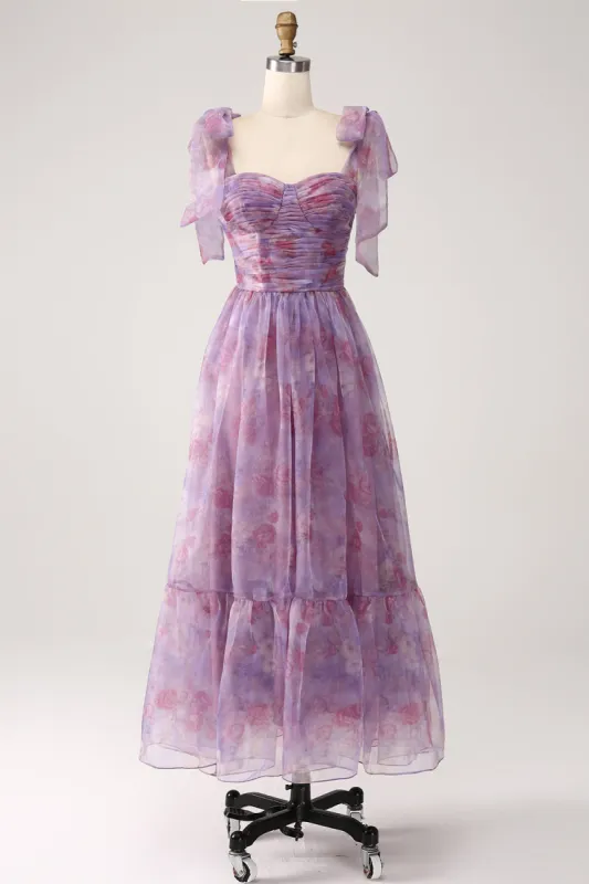 Purple Printed A Line Pleated Long Prom Dress sold by Zapaka