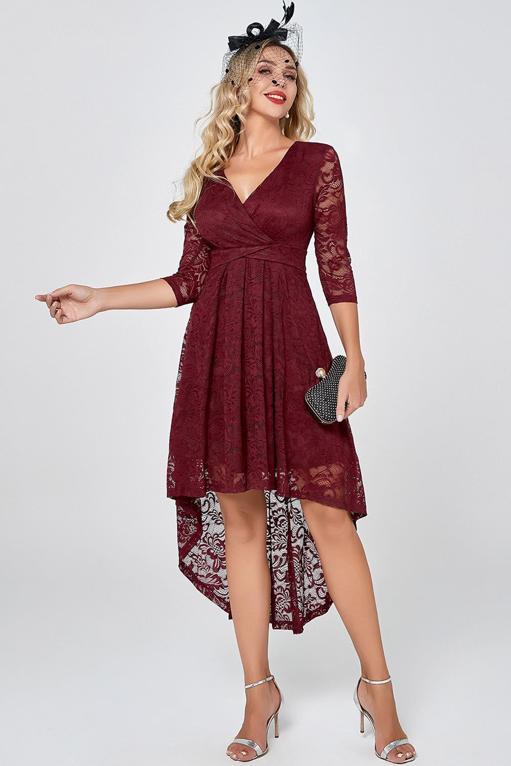 Burgundy High Low Lace Party Dress with Sleeves sold by Zapaka product image thumbnail 3